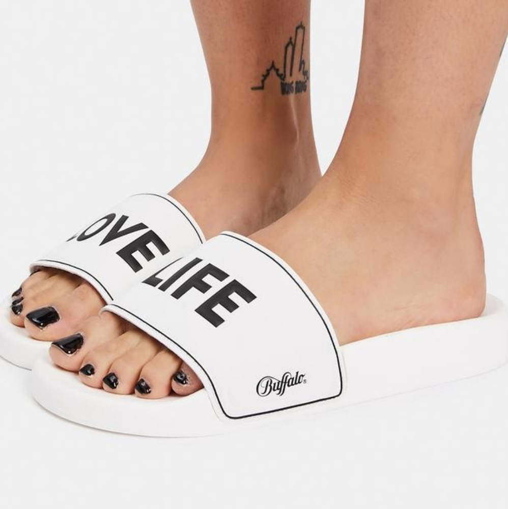 👣BUFFALO 💮White Riley Slides "Love Life"footwear - Picture 3 of 15